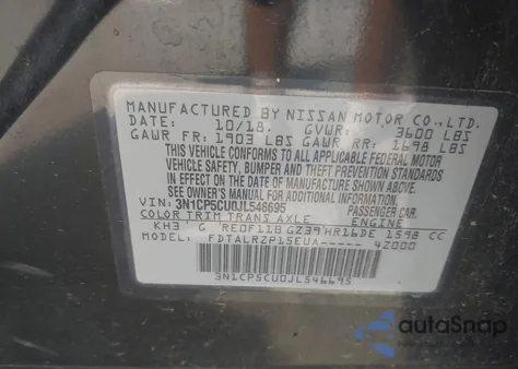 2018 Nissan Kicks S z USA, uszkodzony, nr VIN 3N1CP5CU0JL546695